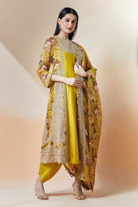 Shop_Debyani + CO_Yellow Silk Embroidery Round Neck A-line Kurta Set _Online_at_Aza_Fashions