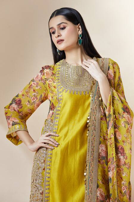 Debyani + CO_Yellow Silk Embroidery Round Neck A-line Kurta Set _at_Aza_Fashions