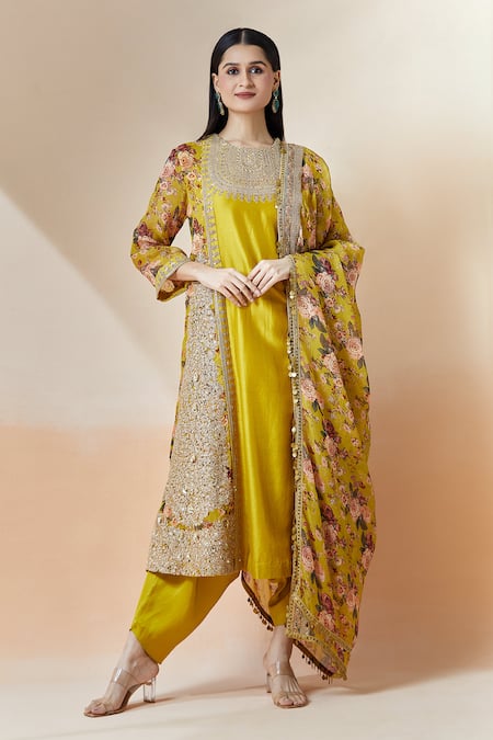 Buy_Debyani + CO_Yellow Silk Embroidery Round Neck A-line Kurta Set 