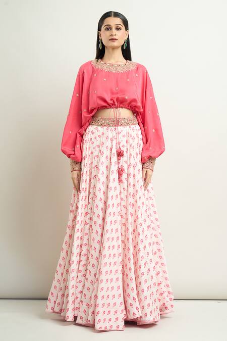 Punit Balana_White Cotton Embroidery, Tassels Round Neck Floral Print Skirt And Top Set _Online_at_Aza_Fashions