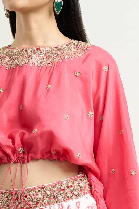Shop_Punit Balana_White Cotton Embroidery, Tassels Round Neck Floral Print Skirt And Top Set _Online_at_Aza_Fashions
