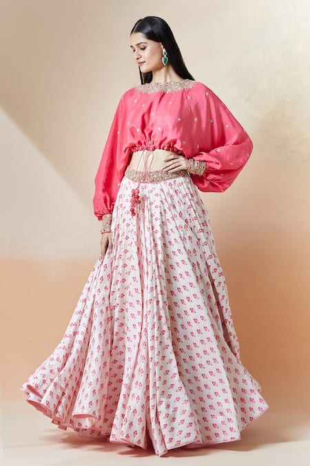 Punit Balana_White Cotton Embroidery, Tassels Round Neck Floral Print Skirt And Top Set _at_Aza_Fashions
