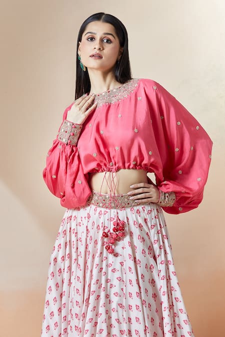 Buy_Punit Balana_White Cotton Embroidery, Tassels Round Neck Floral Print Skirt And Top Set 