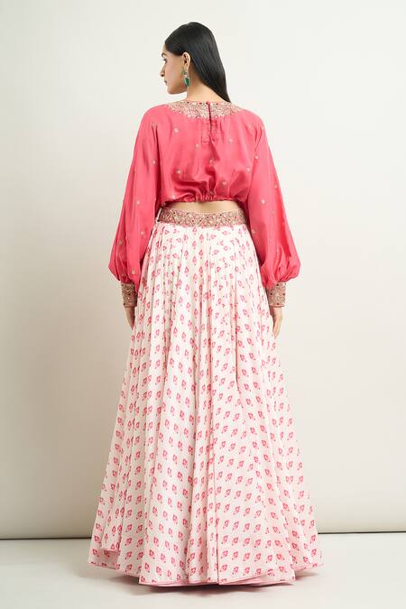 Shop_Punit Balana_White Cotton Embroidery, Tassels Round Neck Floral Print Skirt And Top Set _at_Aza_Fashions