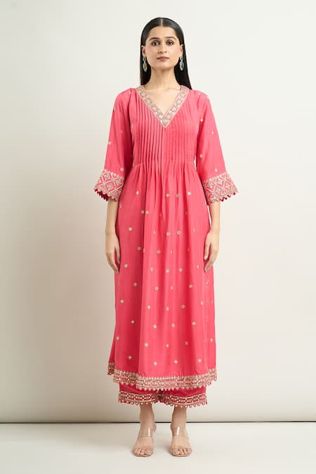 Punit Balana_Pink Cotton, Chiffon Embroidery V-neck Masoom Kurta Pant Set _Online_at_Aza_Fashions
