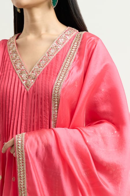Buy_Punit Balana_Pink Cotton, Chiffon Embroidery V-neck Masoom Kurta Pant Set _Online_at_Aza_Fashions