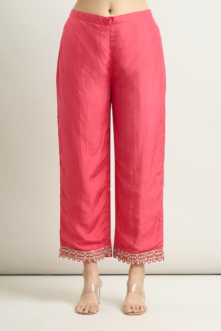 Shop_Punit Balana_Pink Cotton, Chiffon Embroidery V-neck Masoom Kurta Pant Set _Online_at_Aza_Fashions