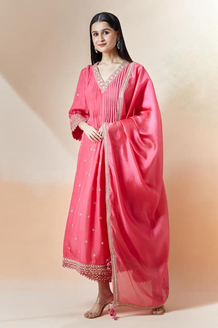 Punit Balana_Pink Cotton, Chiffon Embroidery V-neck Masoom Kurta Pant Set _at_Aza_Fashions