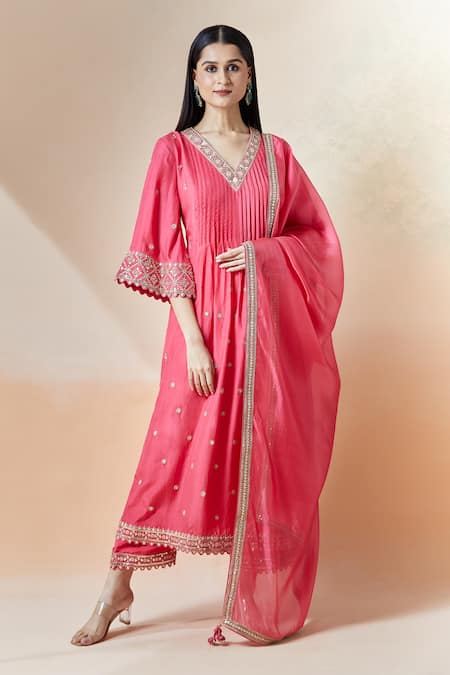Buy_Punit Balana_Pink Cotton, Chiffon Embroidery V-neck Masoom Kurta Pant Set 