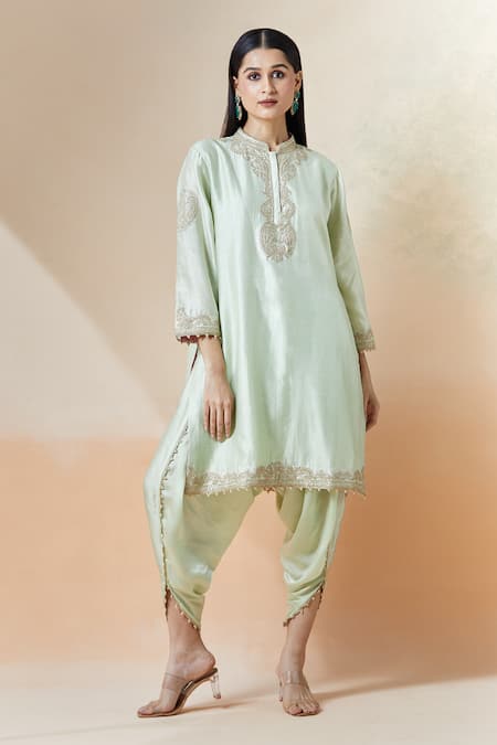Sheetal Batra_Green Cotton Embroidery Mandarin Collar Aadirah Kurta And Dhoti Pant Set _at_Aza_Fashions