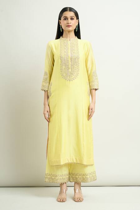 Sheetal Batra_Yellow Cotton Embroidery Mandarin Collar Aadirah Kurta And Palazzo Set _Online_at_Aza_Fashions