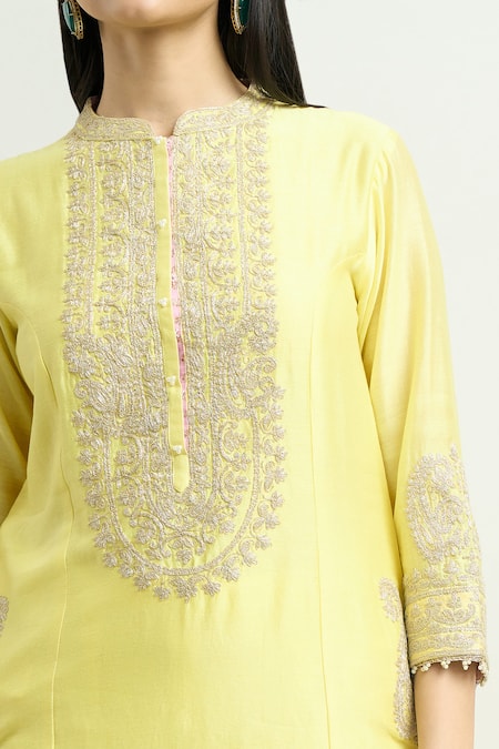 Buy_Sheetal Batra_Yellow Cotton Embroidery Mandarin Collar Aadirah Kurta And Palazzo Set _Online_at_Aza_Fashions