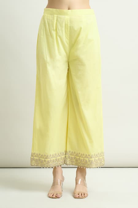 Shop_Sheetal Batra_Yellow Cotton Embroidery Mandarin Collar Aadirah Kurta And Palazzo Set _Online_at_Aza_Fashions
