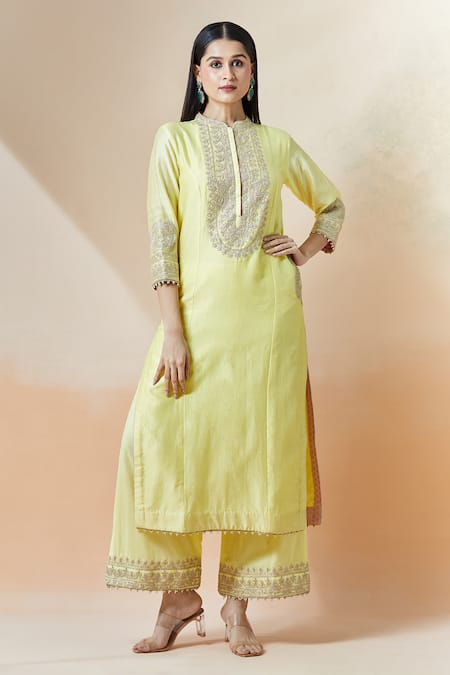 Sheetal Batra_Yellow Cotton Embroidery Mandarin Collar Aadirah Kurta And Palazzo Set _at_Aza_Fashions