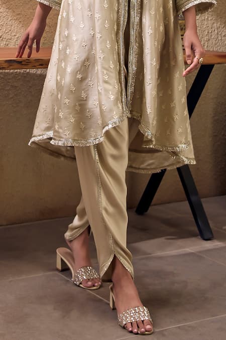 Buy Mustard Moon By Neyha And Vrinda Beige Chanderi Silk, Modal Lace, Embroidery V-neck Kurta And Tulip Pant Set Online at Aza Fashions Buy_Mustard Moon By Neyha And Vrinda_Beige Chanderi Silk, Modal Lace, Embroidery V-neck Kurta And Tulip Pant Set _Online_at_Aza_Fashions