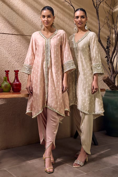 Mustard Moon By Neyha And Vrinda_Pink Chanderi Silk, Modal, Satin Lace V-neck Embroidered Kurta And Tulip Pant Set _Online_at_Aza_Fashions