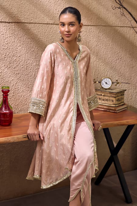 Shop_Mustard Moon By Neyha And Vrinda_Pink Chanderi Silk, Modal, Satin Lace V-neck Embroidered Kurta And Tulip Pant Set _Online_at_Aza_Fashions