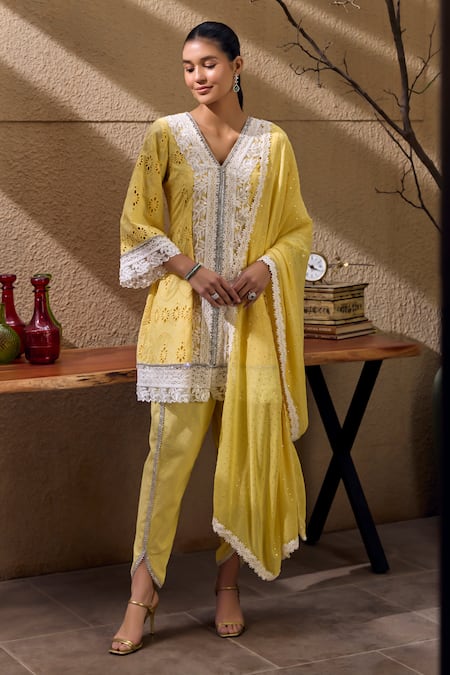 Mustard Moon by Neyha and Vrinda Broderie Anglais Embroidered Kurta Tulip Pant Set 