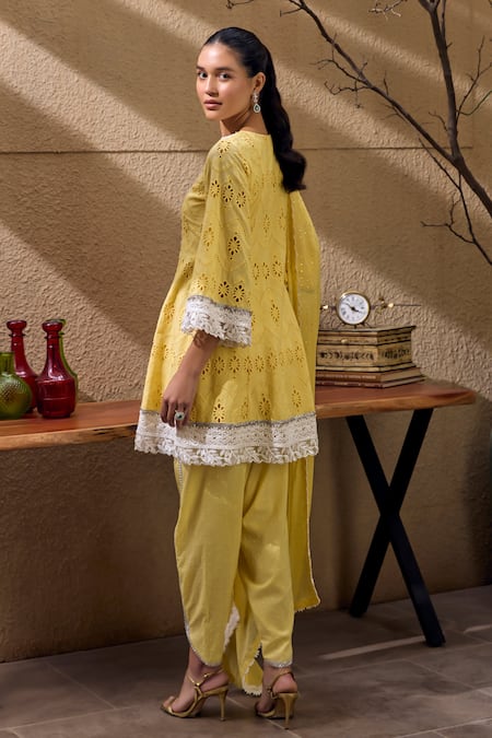 Shop_Mustard Moon By Neyha And Vrinda_Yellow Cotton, Chiffon Lace, Broderie Anglais Embroidered Kurta Tulip Pant Set _at_Aza_Fashions