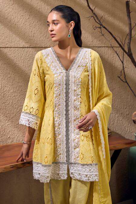 Mustard Moon By Neyha And Vrinda_Yellow Cotton, Chiffon Lace, Broderie Anglais Embroidered Kurta Tulip Pant Set _Online_at_Aza_Fashions
