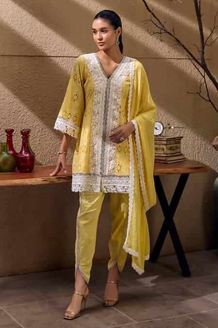 Buy_Mustard Moon By Neyha And Vrinda_Yellow Cotton, Chiffon Lace, Broderie Anglais Embroidered Kurta Tulip Pant Set _Online_at_Aza_Fashions