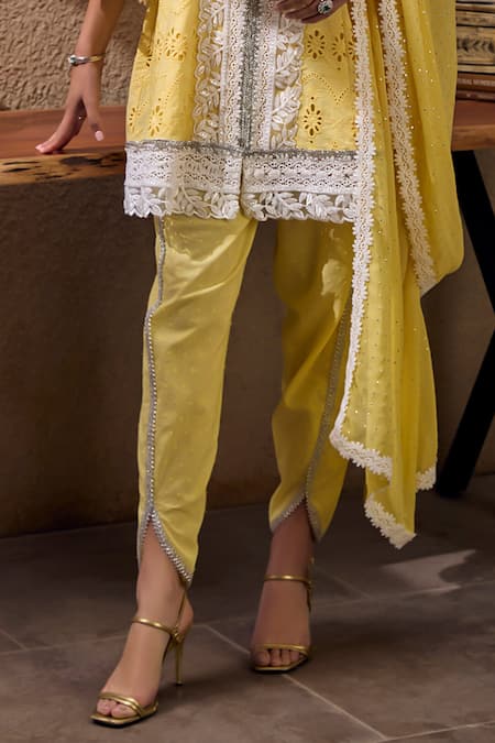 Shop_Mustard Moon By Neyha And Vrinda_Yellow Cotton, Chiffon Lace, Broderie Anglais Embroidered Kurta Tulip Pant Set _Online_at_Aza_Fashions