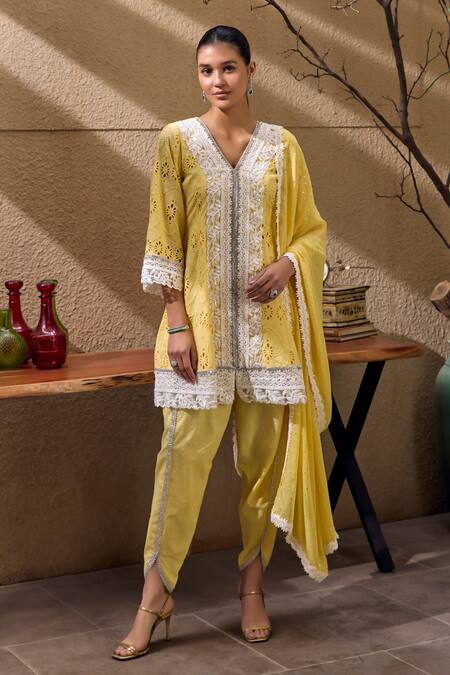 Mustard Moon By Neyha And Vrinda_Yellow Cotton, Chiffon Lace, Broderie Anglais Embroidered Kurta Tulip Pant Set _at_Aza_Fashions