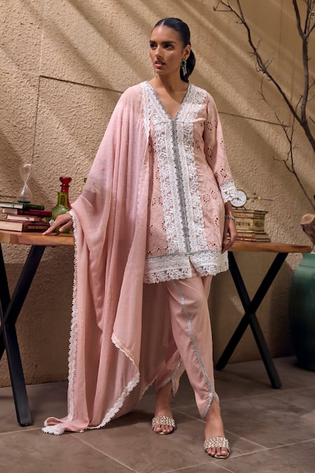 Mustard Moon by Neyha and Vrinda Pink Kurta And Tulip Pant Cotton Embroidered Broderie Anglais Lace Work Set 