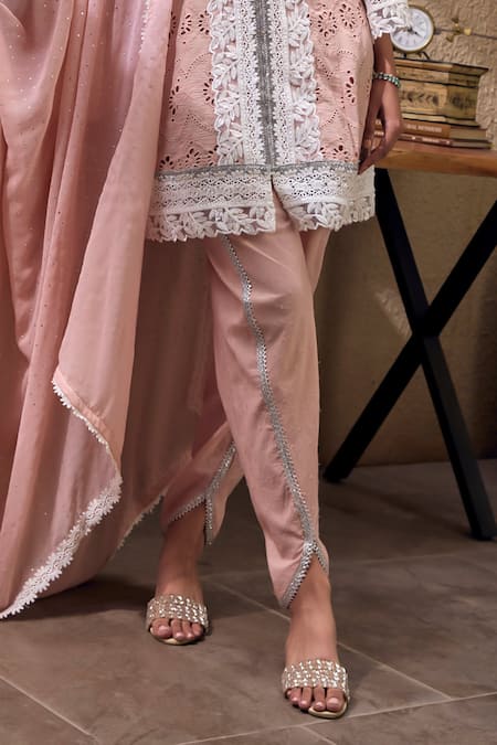 Buy Mustard Moon By Neyha And Vrinda Pink Cotton Beads, Lace, Mirrors V-neck Broderie Anglais Work Kurta Pant Set Online at Aza Fashions Buy_Mustard Moon By Neyha And Vrinda_Pink Cotton Beads, Lace, Mirrors V-neck Broderie Anglais Work Kurta Pant Set _Online_at_Aza_Fashions