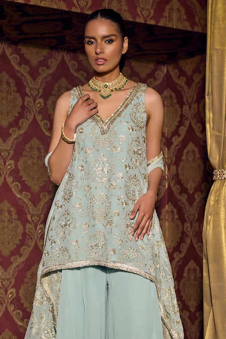 Mustard Moon By Neyha And Vrinda_Blue Georgette, Net Embroidery V-neck High Low Kurta Sharara Set _Online_at_Aza_Fashions