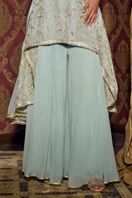 Buy_Mustard Moon By Neyha And Vrinda_Blue Georgette, Net Embroidery V-neck High Low Kurta Sharara Set _Online_at_Aza_Fashions