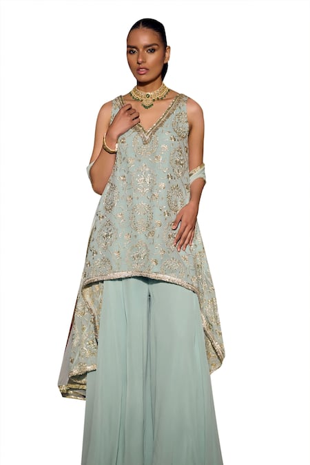 Shop_Mustard Moon By Neyha And Vrinda_Blue Georgette, Net Embroidery V-neck High Low Kurta Sharara Set _Online_at_Aza_Fashions