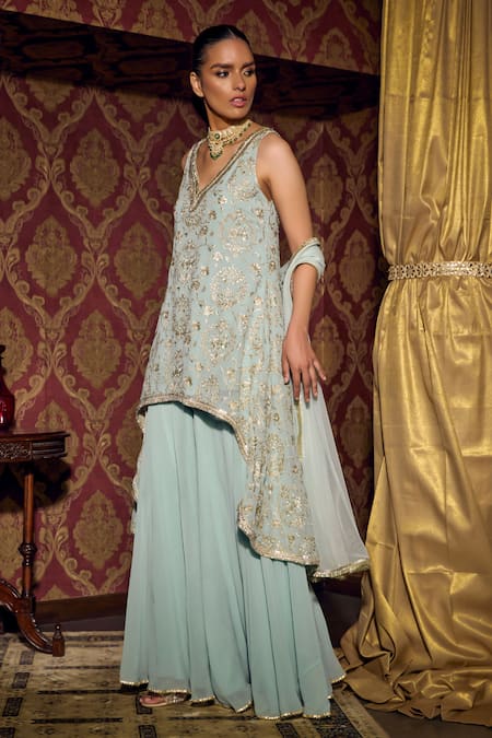 Mustard Moon By Neyha And Vrinda_Blue Georgette, Net Embroidery V-neck High Low Kurta Sharara Set _at_Aza_Fashions