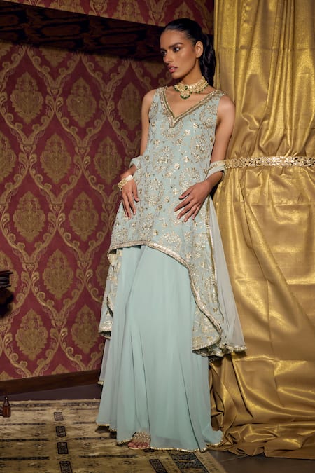 Buy_Mustard Moon By Neyha And Vrinda_Blue Georgette, Net Embroidery V-neck High Low Kurta Sharara Set 