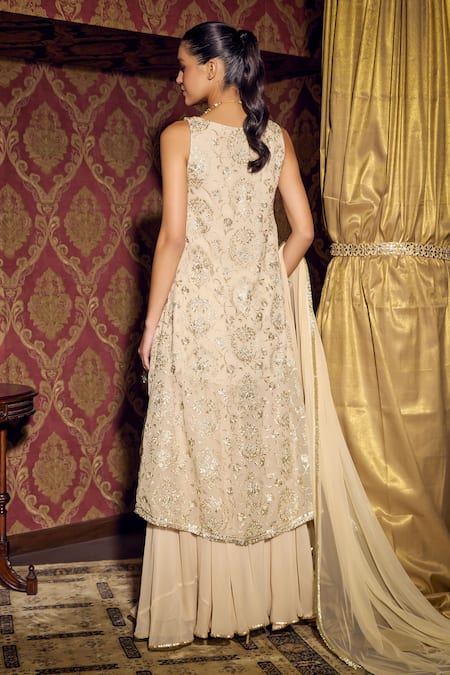 Shop Mustard Moon By Neyha And Vrinda Pink Georgette, Net Sequins, Embroidery High Low Floral Kurta Sharara Set at Aza Fashions Shop_Mustard Moon By Neyha And Vrinda_Pink Georgette, Net Sequins, Embroidery High Low Floral Kurta Sharara Set _at_Aza_Fashions