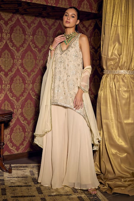 Shop Mustard Moon By Neyha And Vrinda Pink Georgette, Net Sequins, Embroidery High Low Floral Kurta Sharara Set Online at Aza Fashions Shop_Mustard Moon By Neyha And Vrinda_Pink Georgette, Net Sequins, Embroidery High Low Floral Kurta Sharara Set _Online_at_Aza_Fashions