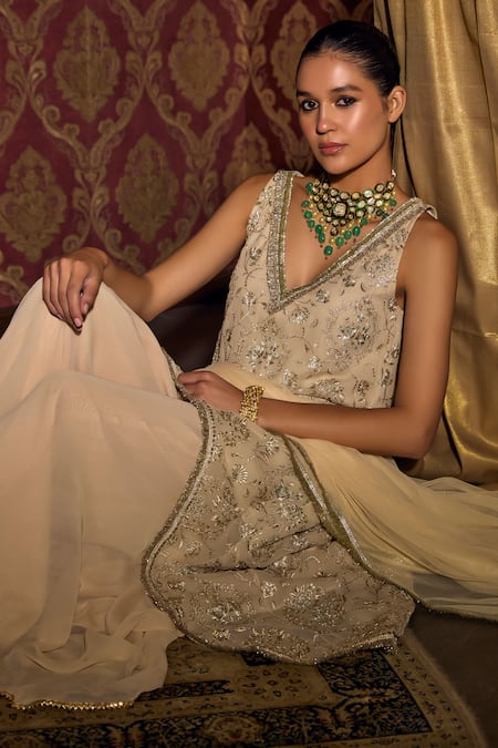 Buy Mustard Moon By Neyha And Vrinda Pink Georgette, Net Sequins, Embroidery High Low Floral Kurta Sharara Set Buy_Mustard Moon By Neyha And Vrinda_Pink Georgette, Net Sequins, Embroidery High Low Floral Kurta Sharara Set