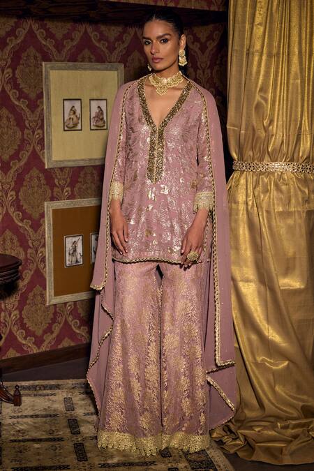 Mustard Moon By Neyha And Vrinda_Purple Georgette, Sequins, V-neck Floral Work Kurta Sharara Set_Online_at_Aza_Fashions