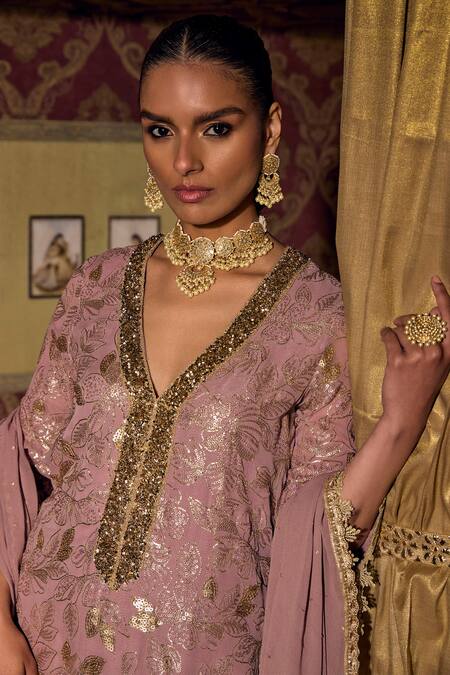 Shop_Mustard Moon By Neyha And Vrinda_Purple Georgette, Sequins, V-neck Floral Work Kurta Sharara Set_Online_at_Aza_Fashions
