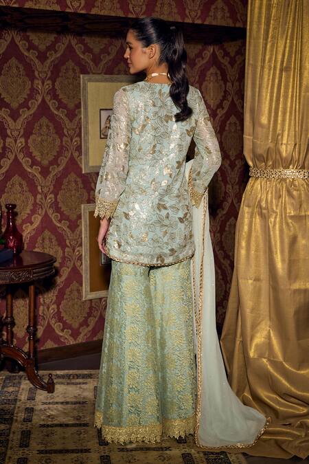 Shop Mustard Moon By Neyha And Vrinda Green Georgette, Sequins, Embroidery, V-neck Kurta Sharara Set at Aza Fashions Shop_Mustard Moon By Neyha And Vrinda_Green Georgette, Sequins, Embroidery, V-neck Kurta Sharara Set_at_Aza_Fashions