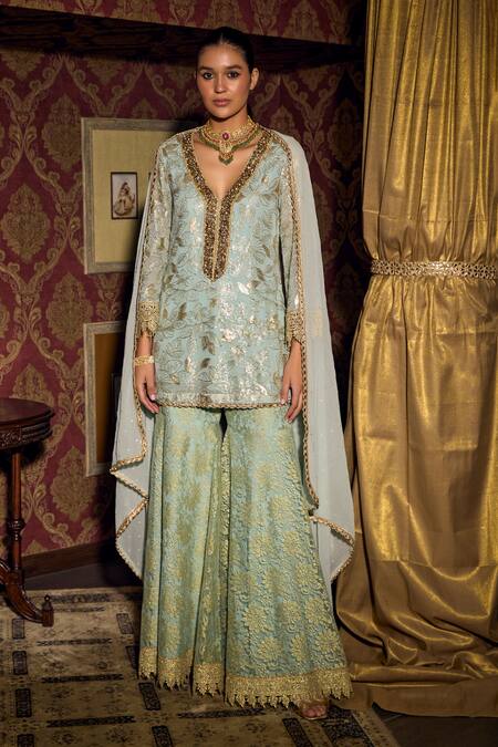 Mustard Moon By Neyha And Vrinda Green Georgette, Sequins, Embroidery, V-neck Kurta Sharara Set Online at Aza Fashions Mustard Moon By Neyha And Vrinda_Green Georgette, Sequins, Embroidery, V-neck Kurta Sharara Set_Online_at_Aza_Fashions