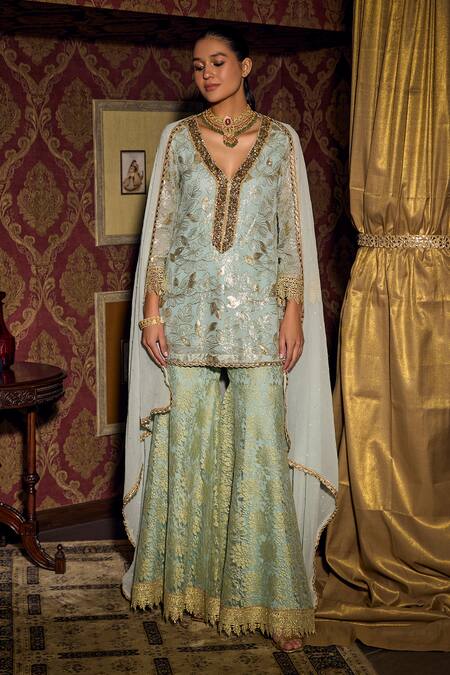 Buy Mustard Moon By Neyha And Vrinda Green Georgette, Sequins, Embroidery, V-neck Kurta Sharara Set Online at Aza Fashions Buy_Mustard Moon By Neyha And Vrinda_Green Georgette, Sequins, Embroidery, V-neck Kurta Sharara Set_Online_at_Aza_Fashions