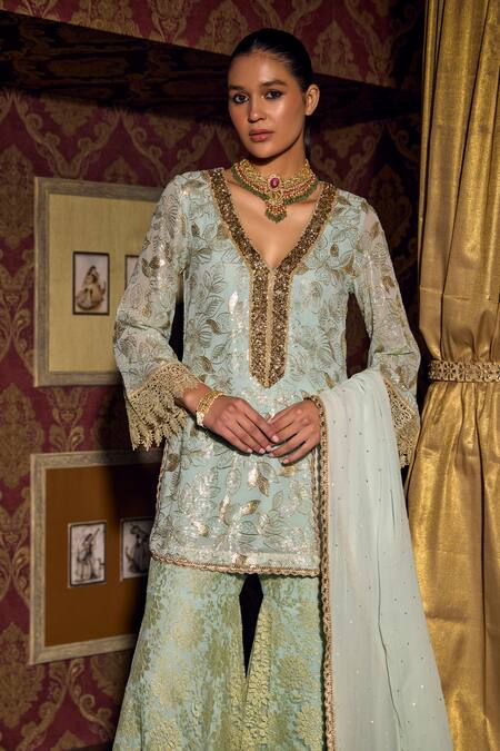 Shop Mustard Moon By Neyha And Vrinda Green Georgette, Sequins, Embroidery, V-neck Kurta Sharara Set Online at Aza Fashions Shop_Mustard Moon By Neyha And Vrinda_Green Georgette, Sequins, Embroidery, V-neck Kurta Sharara Set_Online_at_Aza_Fashions