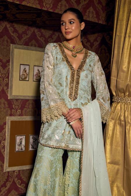 Mustard Moon By Neyha And Vrinda Green Georgette, Sequins, Embroidery, V-neck Kurta Sharara Set at Aza Fashions Mustard Moon By Neyha And Vrinda_Green Georgette, Sequins, Embroidery, V-neck Kurta Sharara Set_at_Aza_Fashions