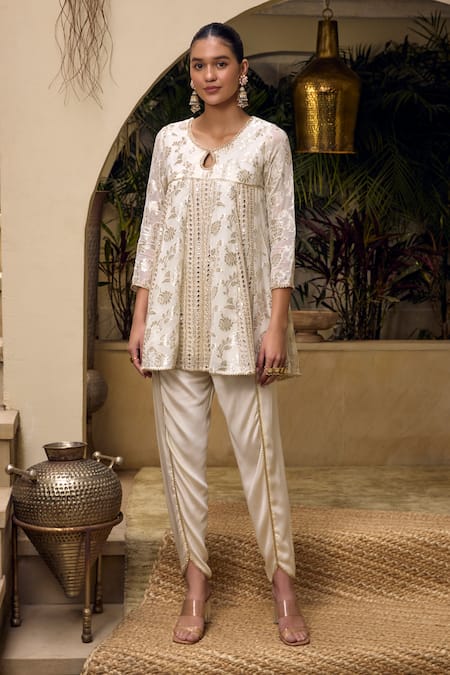 Mustard Moon by Neyha and Vrinda Ivory Kurta Georgette Embroidered Mirror Round Floral And Tulip Pant Set 