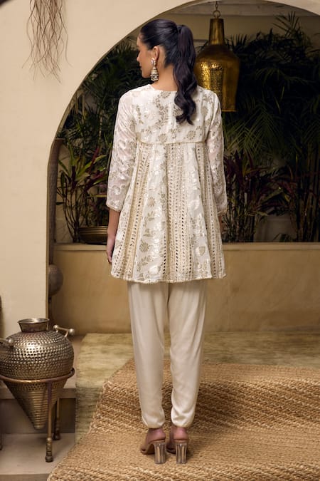 Shop Mustard Moon By Neyha And Vrinda Ivory Georgette, Modal, Satin Mirrors, Embroidery Floral Kurta And Tulip Pant Set at Aza Fashions Shop_Mustard Moon By Neyha And Vrinda_Ivory Georgette, Modal, Satin Mirrors, Embroidery Floral Kurta And Tulip Pant Set _at_Aza_Fashions