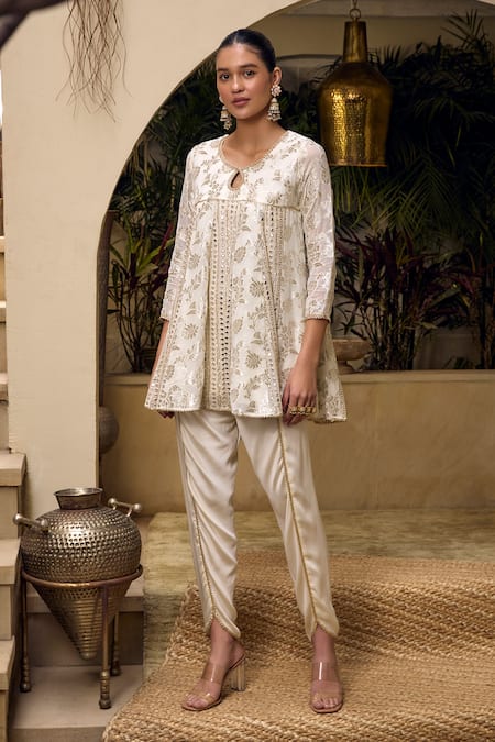 Mustard Moon By Neyha And Vrinda Ivory Georgette, Modal, Satin Mirrors, Embroidery Floral Kurta And Tulip Pant Set Online at Aza Fashions Mustard Moon By Neyha And Vrinda_Ivory Georgette, Modal, Satin Mirrors, Embroidery Floral Kurta And Tulip Pant Set _Online_at_Aza_Fashions