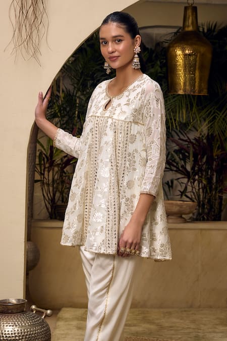 Buy Mustard Moon By Neyha And Vrinda Ivory Georgette, Modal, Satin Mirrors, Embroidery Floral Kurta And Tulip Pant Set Online at Aza Fashions Buy_Mustard Moon By Neyha And Vrinda_Ivory Georgette, Modal, Satin Mirrors, Embroidery Floral Kurta And Tulip Pant Set _Online_at_Aza_Fashions