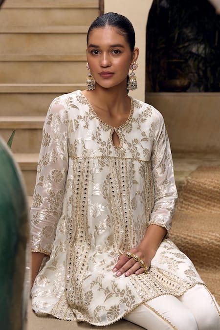 Shop Mustard Moon By Neyha And Vrinda Ivory Georgette, Modal, Satin Mirrors, Embroidery Floral Kurta And Tulip Pant Set Online at Aza Fashions Shop_Mustard Moon By Neyha And Vrinda_Ivory Georgette, Modal, Satin Mirrors, Embroidery Floral Kurta And Tulip Pant Set _Online_at_Aza_Fashions