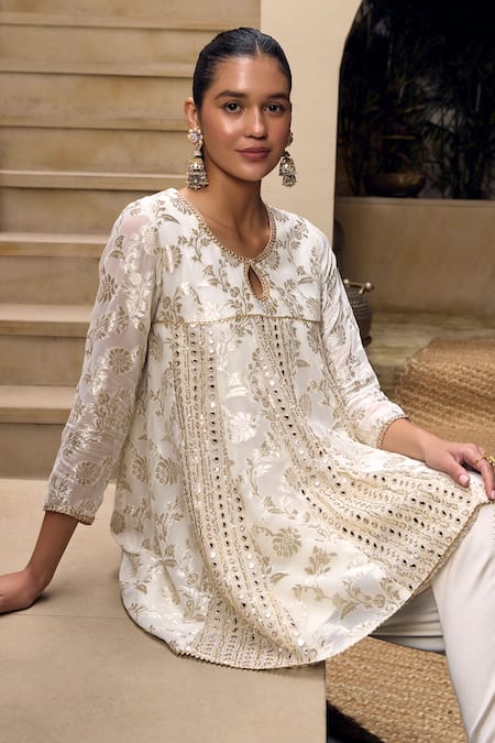 Buy Mustard Moon By Neyha And Vrinda Ivory Georgette, Modal, Satin Mirrors, Embroidery Floral Kurta And Tulip Pant Set Buy_Mustard Moon By Neyha And Vrinda_Ivory Georgette, Modal, Satin Mirrors, Embroidery Floral Kurta And Tulip Pant Set